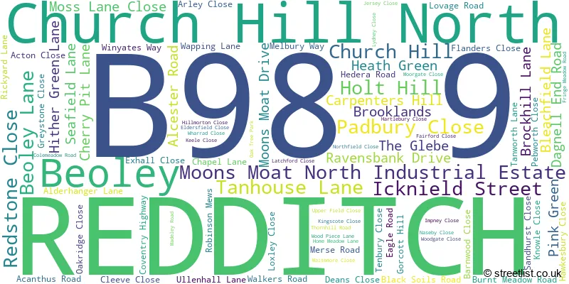 A word cloud for the B98 9 postcode